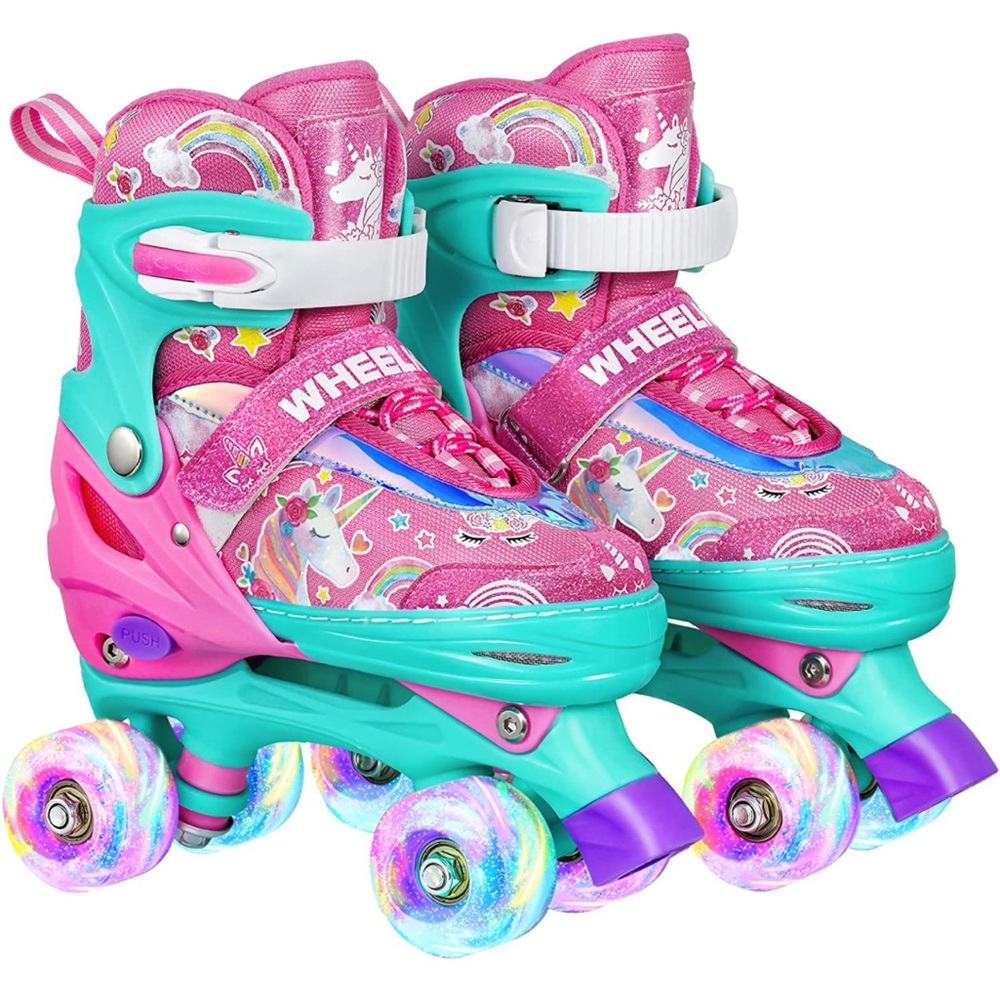 Rainbow unicorn roller skates.